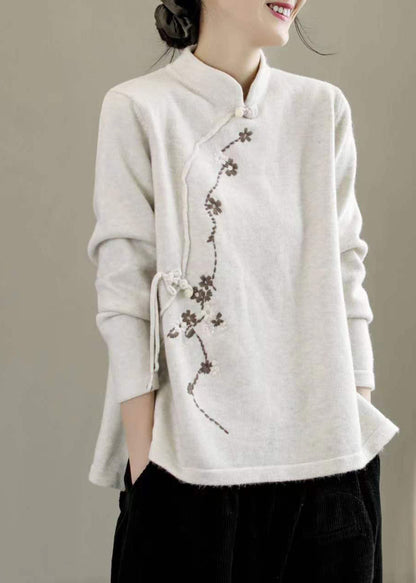 Beige Stand Collar Embroideried Chinese Style Knit Tops Spring