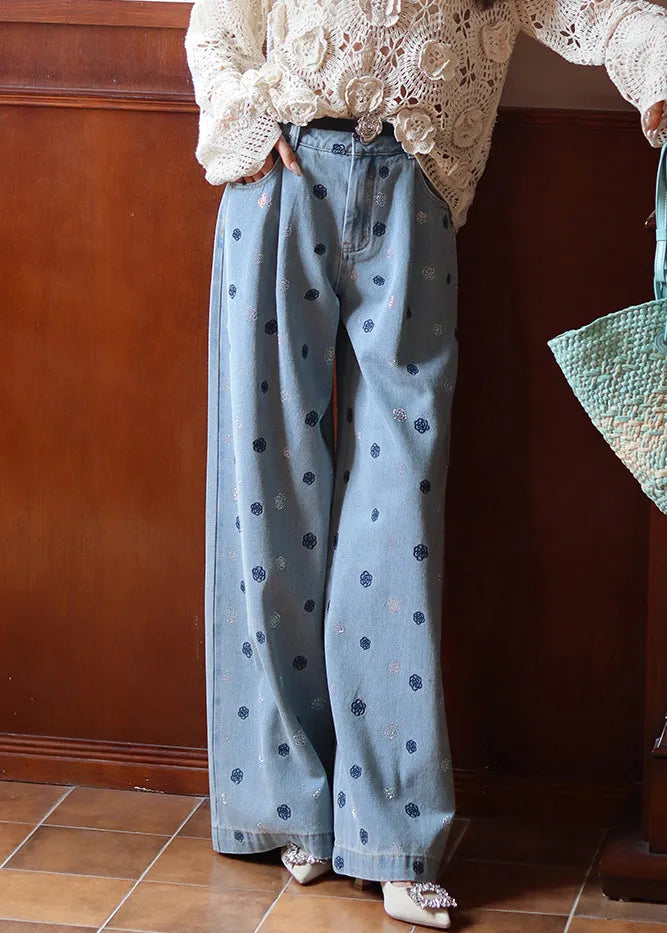 Fine Blue Embroidered Zircon High Waist Denim Wide Leg Pants Fall