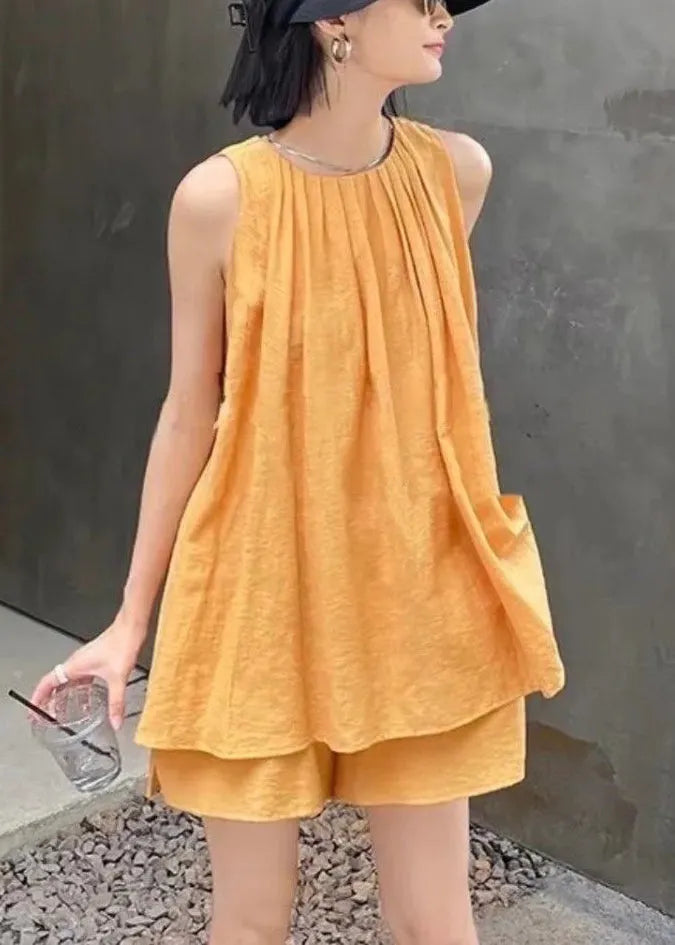 French Orange O-neck Vest and Shorts Two Pieces Set Summer
