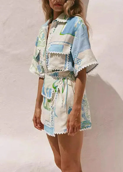 Beige Peter Pan Collar Tie Waist Shirts and Skirts Two Pieces Set Short Sleeve