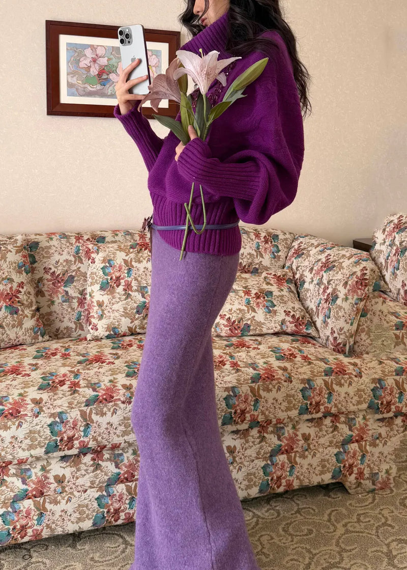 Yellow Turtleneck Patchwork Cotton Knit Sweater and Maxi Skirts Two Piece Set Fall