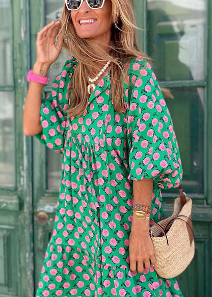 Green V Neck Print Cotton Long Dresses Puff Sleeve