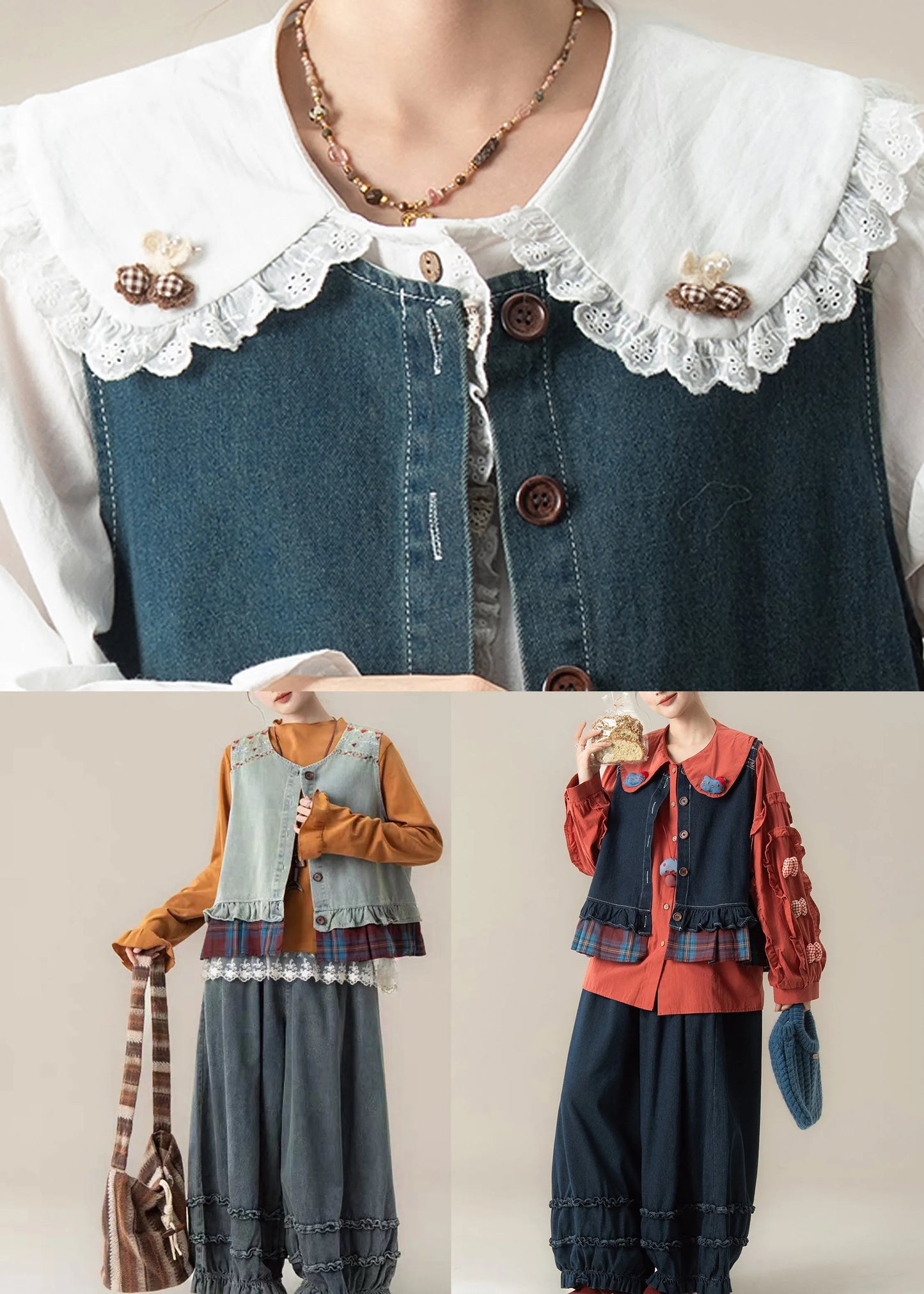 Light Blue O-neck Waistcoat ,top and Jeansthree Pieces Set Sleeveless