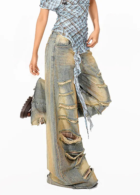 Blue High Waist Pockets Patchwork Wide Leg Jeans