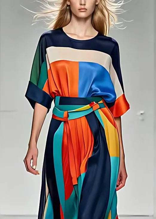 French Print Tops and High Waist Skirts Silk Dress Half Sleeve