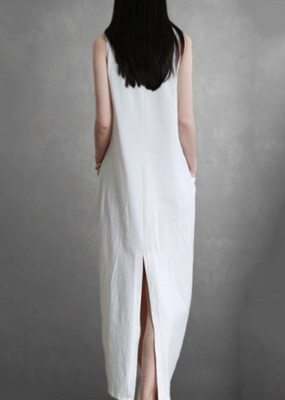 White V Neck Pockets Cotton Maxi Dresses Sleeveless