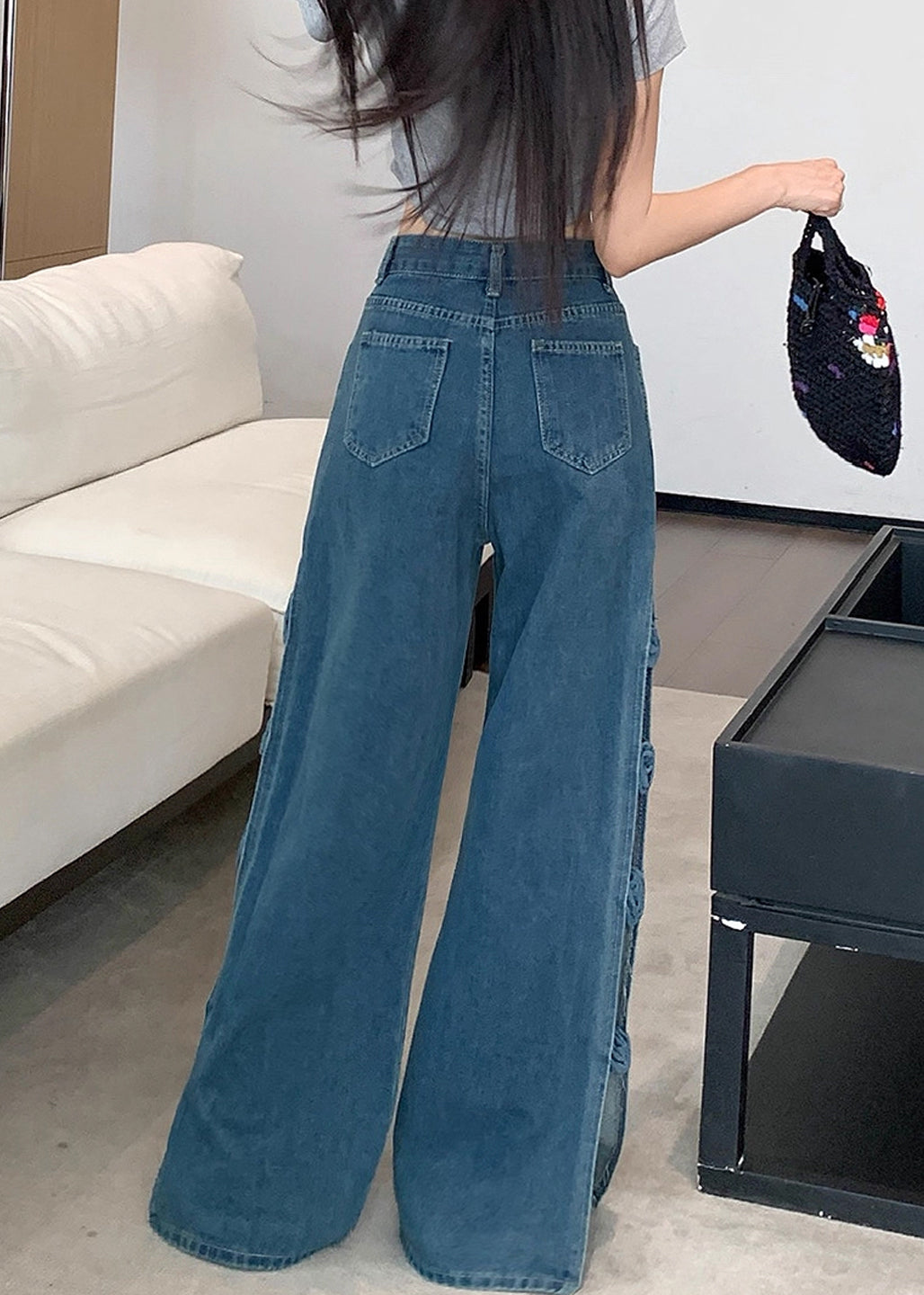 Original Design Blue Hollow Out Denim Pants Fall