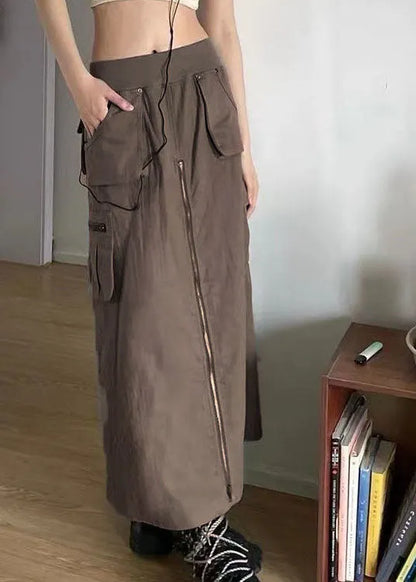 Chocolate Zip Up Pockets Silk a Line Skirt Fall