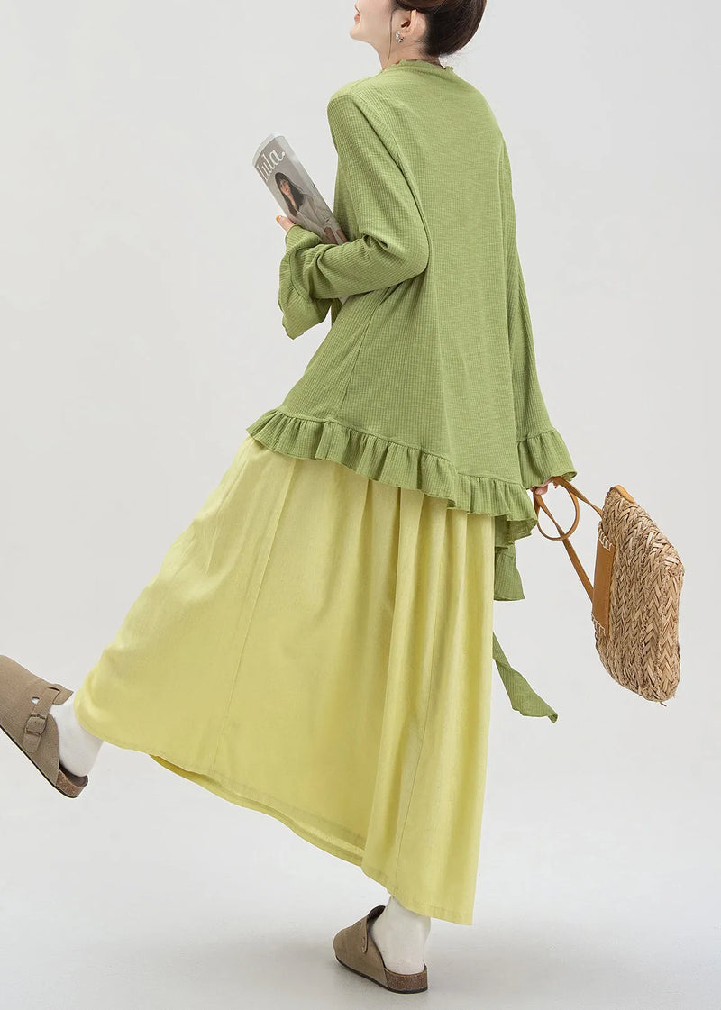 Green Ruffled Asymmetrical Cotton Two Piece Set Fall
