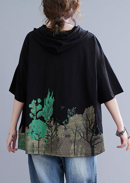 Black Hooded Print Cotton Sweatshirt Summer