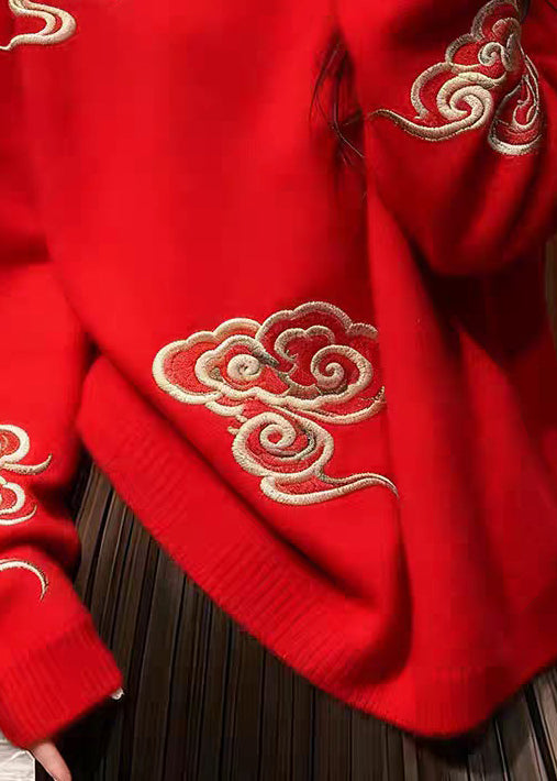 Red O Neck Auspicious Clouds Cozy Knit Sweaters Fall