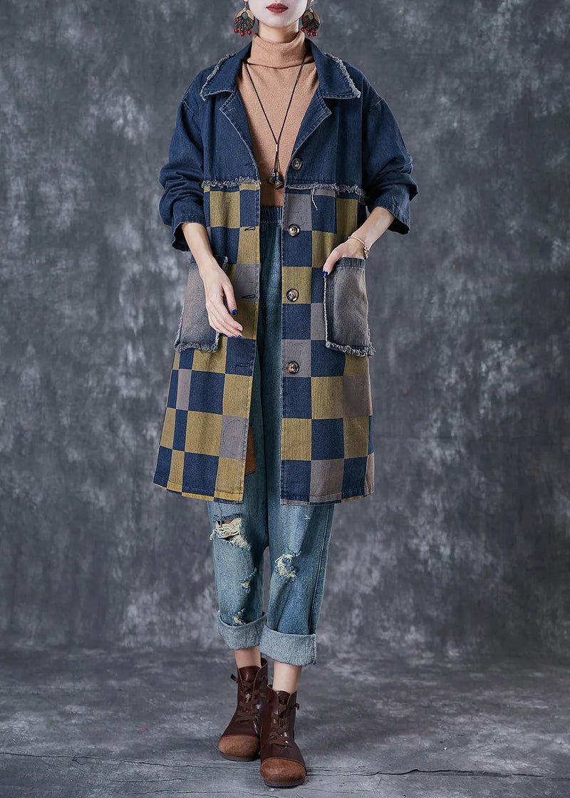 French Navy Oversized Patchwork Plaid Denim Coats Fall