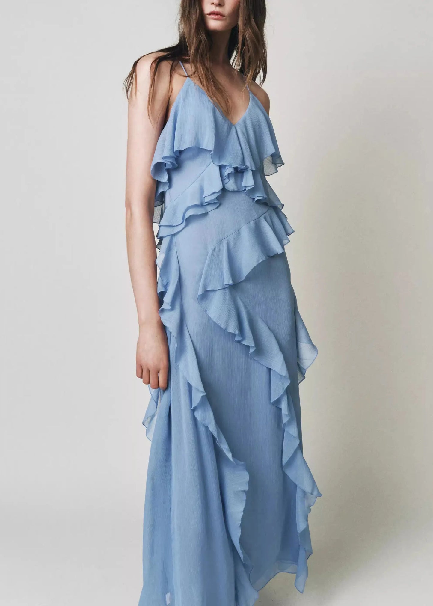 Blue V Neck Ruffled Chiffon Spaghetti Strap Dress Sleeveless