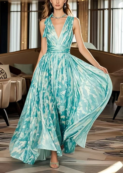 Blue Exra Large Hem Print Chiffon Holiday Dress Summer