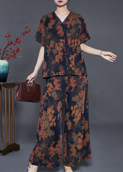 Black Print Silk Two Piece Set Clothing Bow Summer