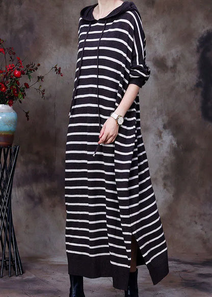 Chocolate Drawstring Hooded Striped Knit Long Dresses Spring