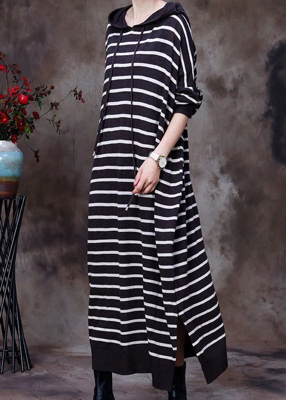 Chocolate Drawstring Hooded Striped Knit Long Dresses Spring
