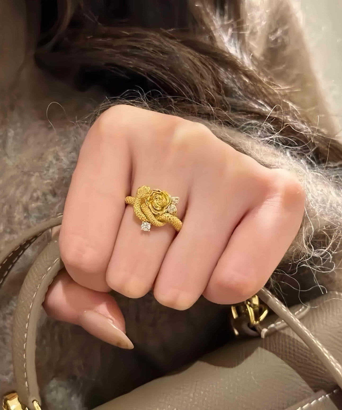 New Gold Sterling Silver Overgild Zircon Snake and Rose Rings