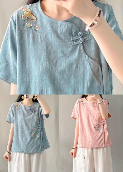 Pink Embroideried Chinese Button Patchwork Linen Top Summer