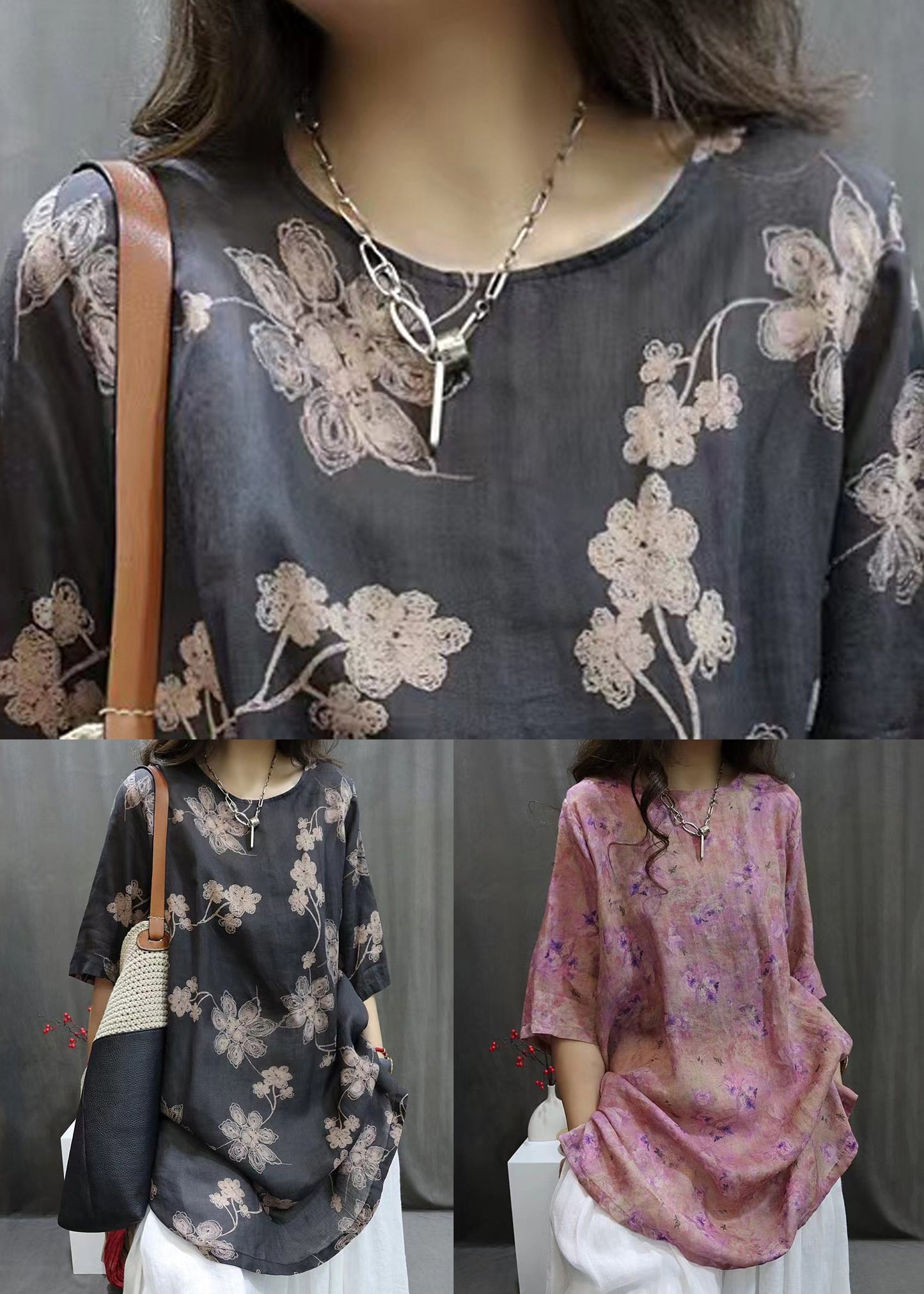 Purple Side Open Linen Blouse O-neck Summer