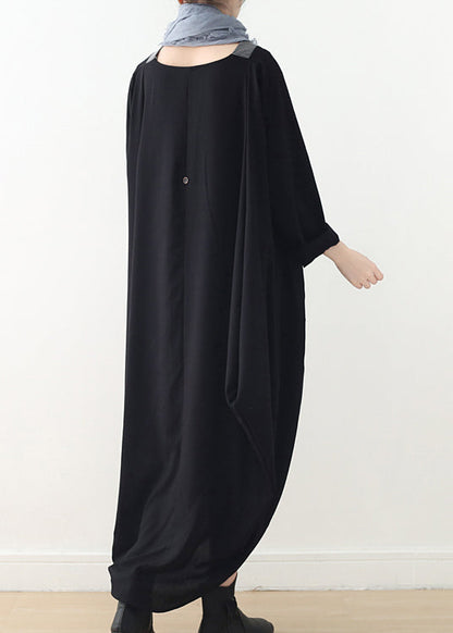 Black V Neck Asymmetrical Low High Design Button Maxi Dress Fall