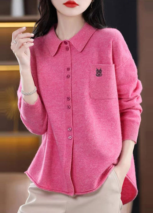 Rose Peter Pan Collar Button Patchwork Woolen Knitted Tops Fall