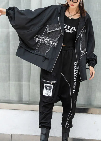 New Black Bat Wing Sleeve Zippered Patchwork Print Fall Coat