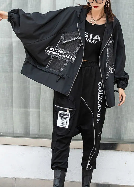 New Black Bat Wing Sleeve Zippered Patchwork Print Fall Coat