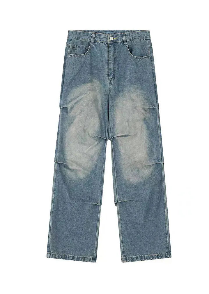 Blue Pockets Wrinkled Denim Wide Leg Pants Spring