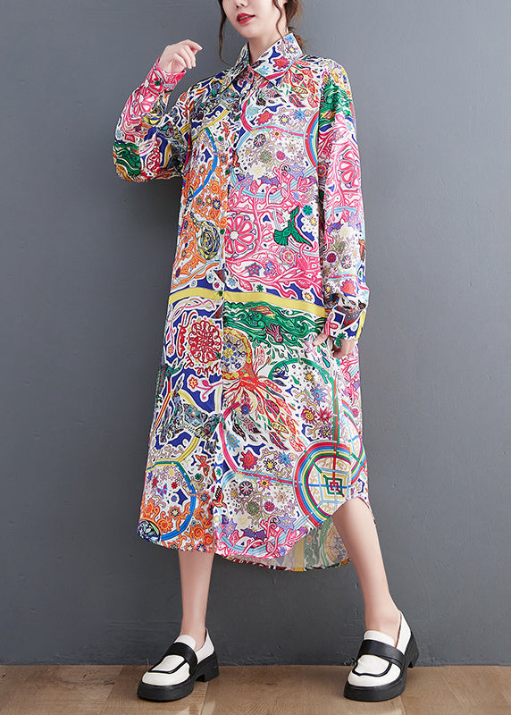 Peter Pan Collar Print Button Long Shirts Dress Long Sleeve