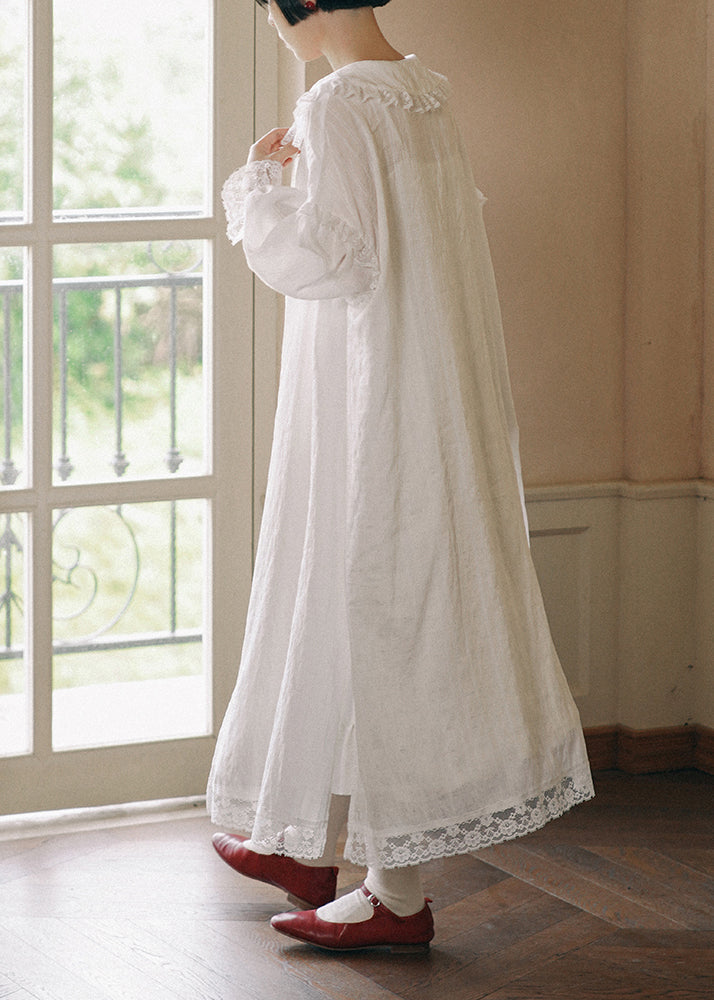 White Ruffled Lace Patchwork Cotton Long Cardigan Fall