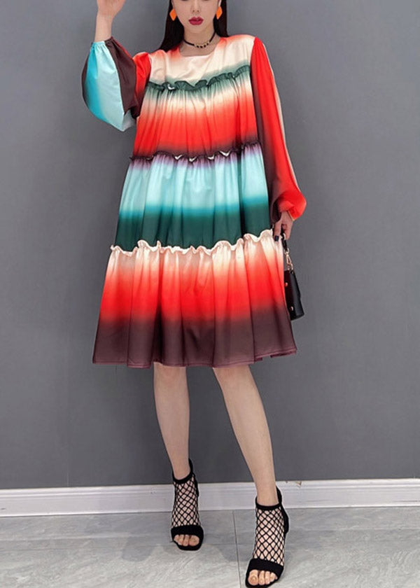 Gradient Color O-neck Ruffled Patchwork a Line Dresses Long Sleeve