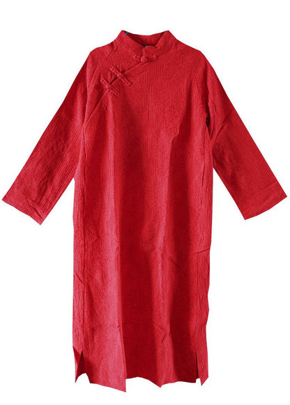 Red Stand Collar Jacquard Wrinkled Cotton Dress Cheongsam Spring