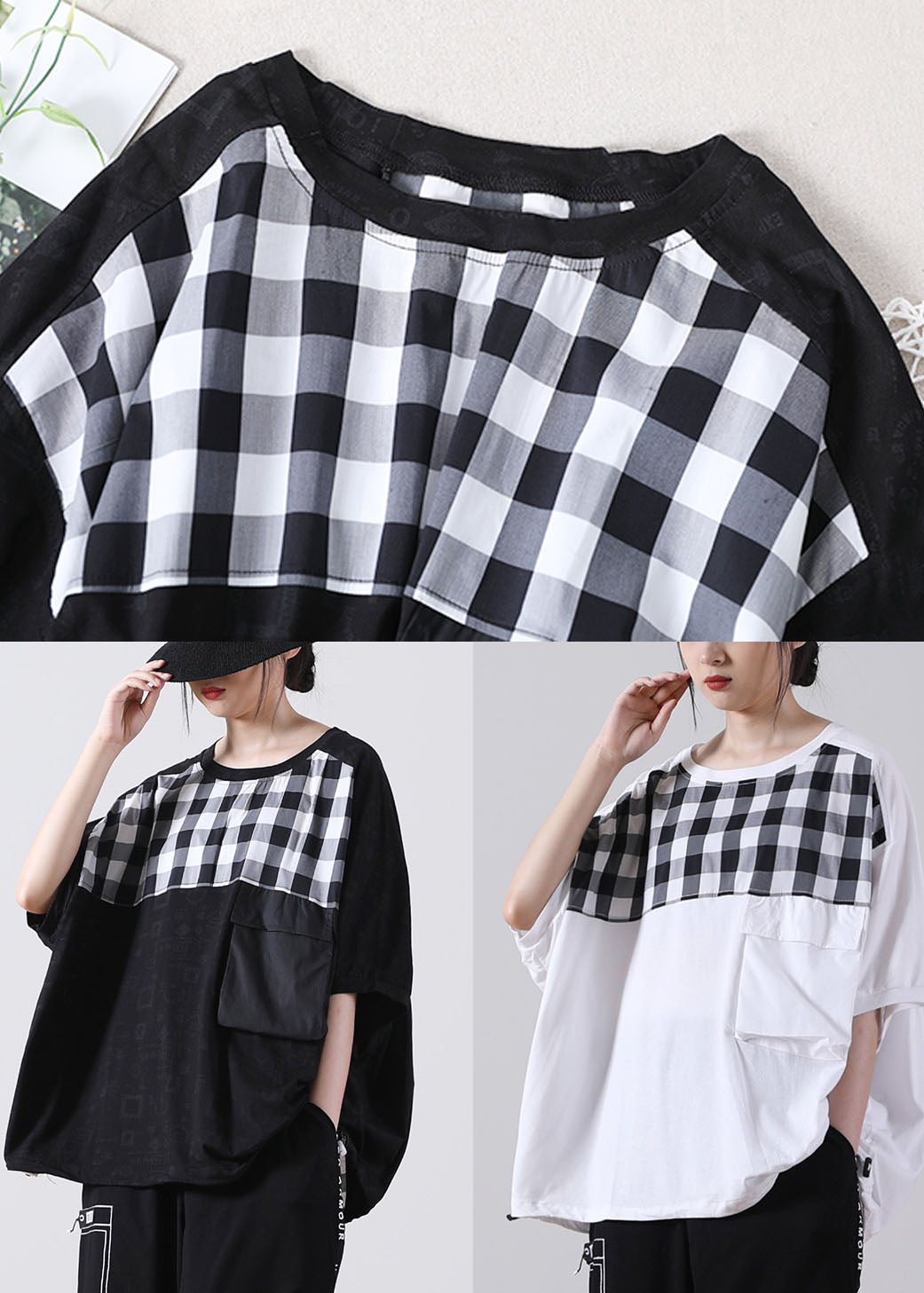 White Patchwork Cotton Shirt Top O-neck Asymmetrical Short Sleeve