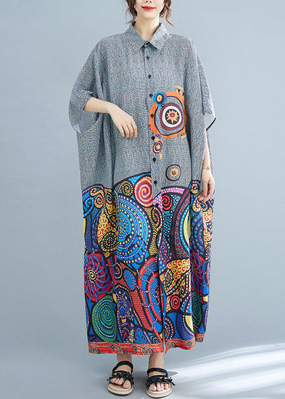 Peter Pan Collar Print Button Cotton Long Shirts Dress Summer