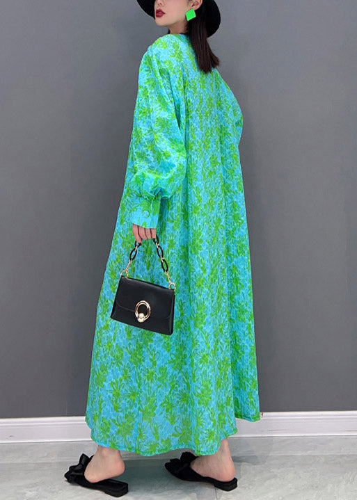 Green V Neck Print Button Shirt Dress Long Sleeve