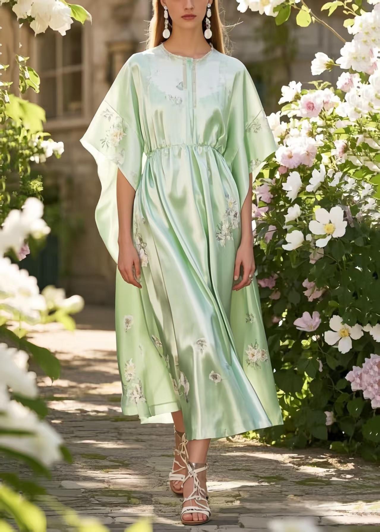 Classy Fruit Green Print Silk Holiday Dress Batwing Sleeve
