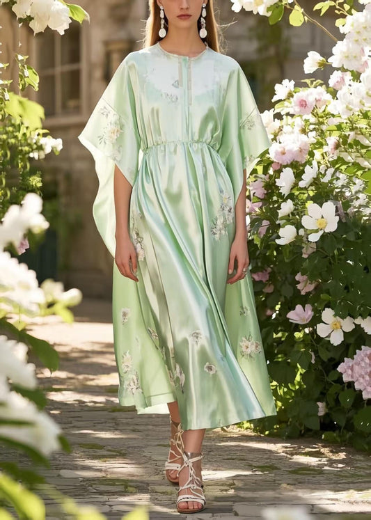 Classy Fruit Green Print Silk Holiday Dress Batwing Sleeve