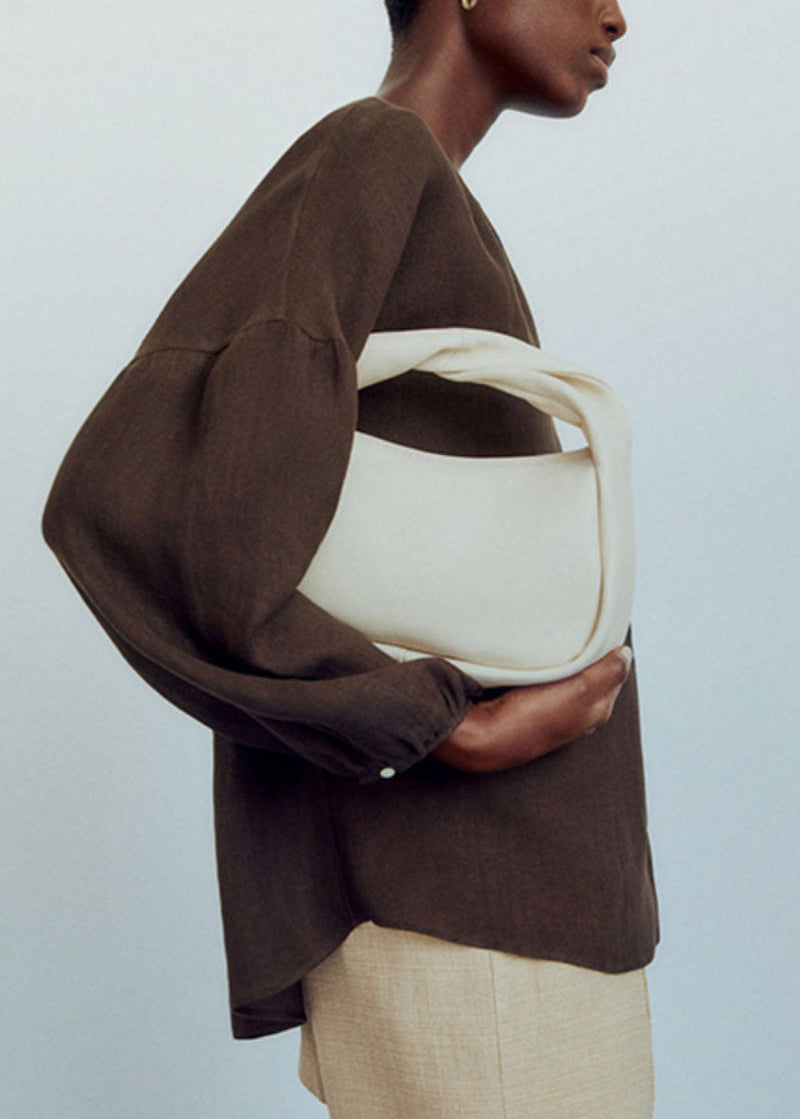 Chocolate V Neck Patchwork Low High Design Shirts Lantern Sleeve