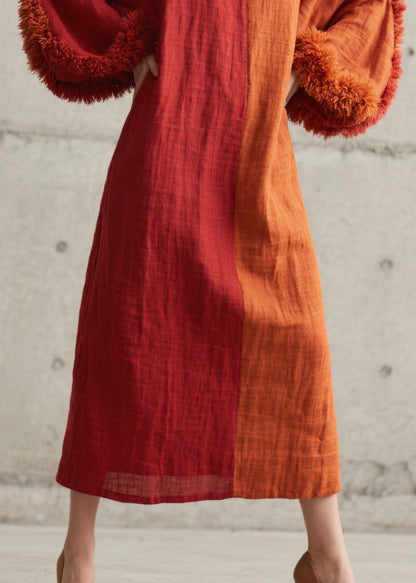 Diy Colorblock O-neck Patchwork Faux Fur Maxi Dress Lantern Sleeve
