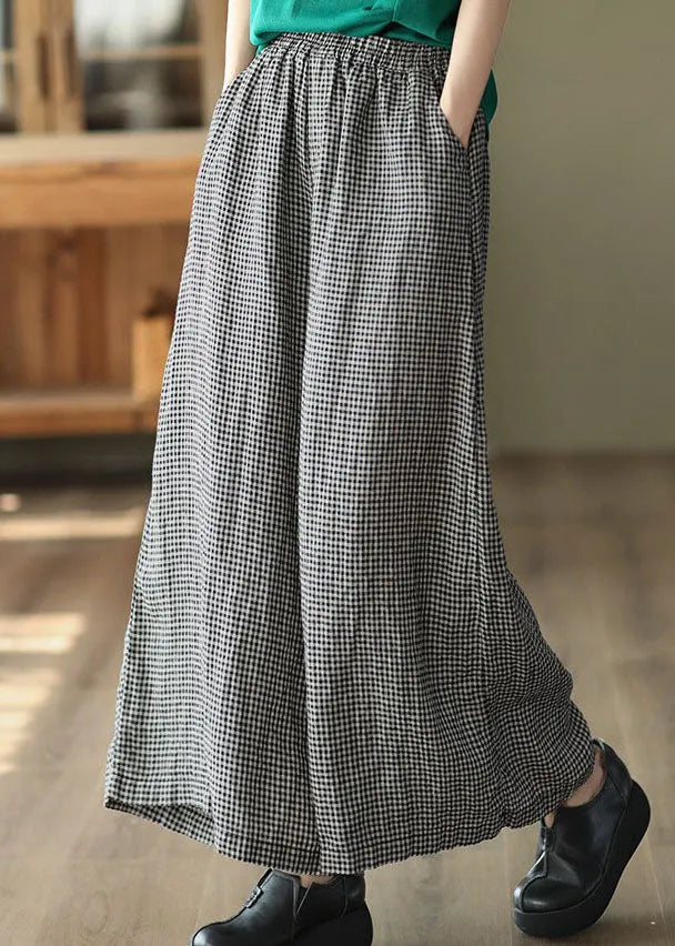 Small Plaid Pockets Patchwork Linen Wide Leg Pants Summer