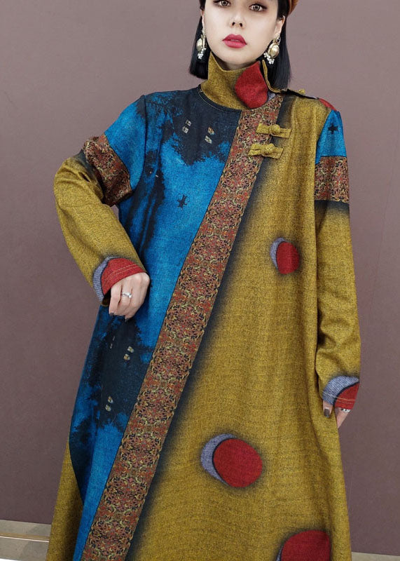 Khaki Dot Print Woolen Long Dresses Spring