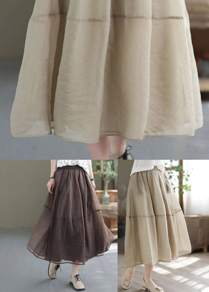 Khaki Elastic Waist Patchwork Organza Skirts Spring
