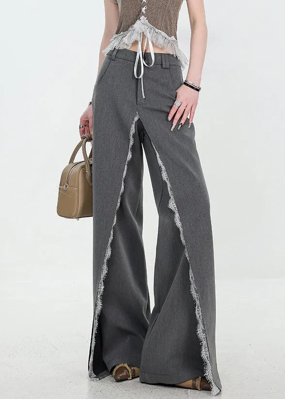 Original Design Grey Pockets Lace Patchwork Spandex Pants Fall