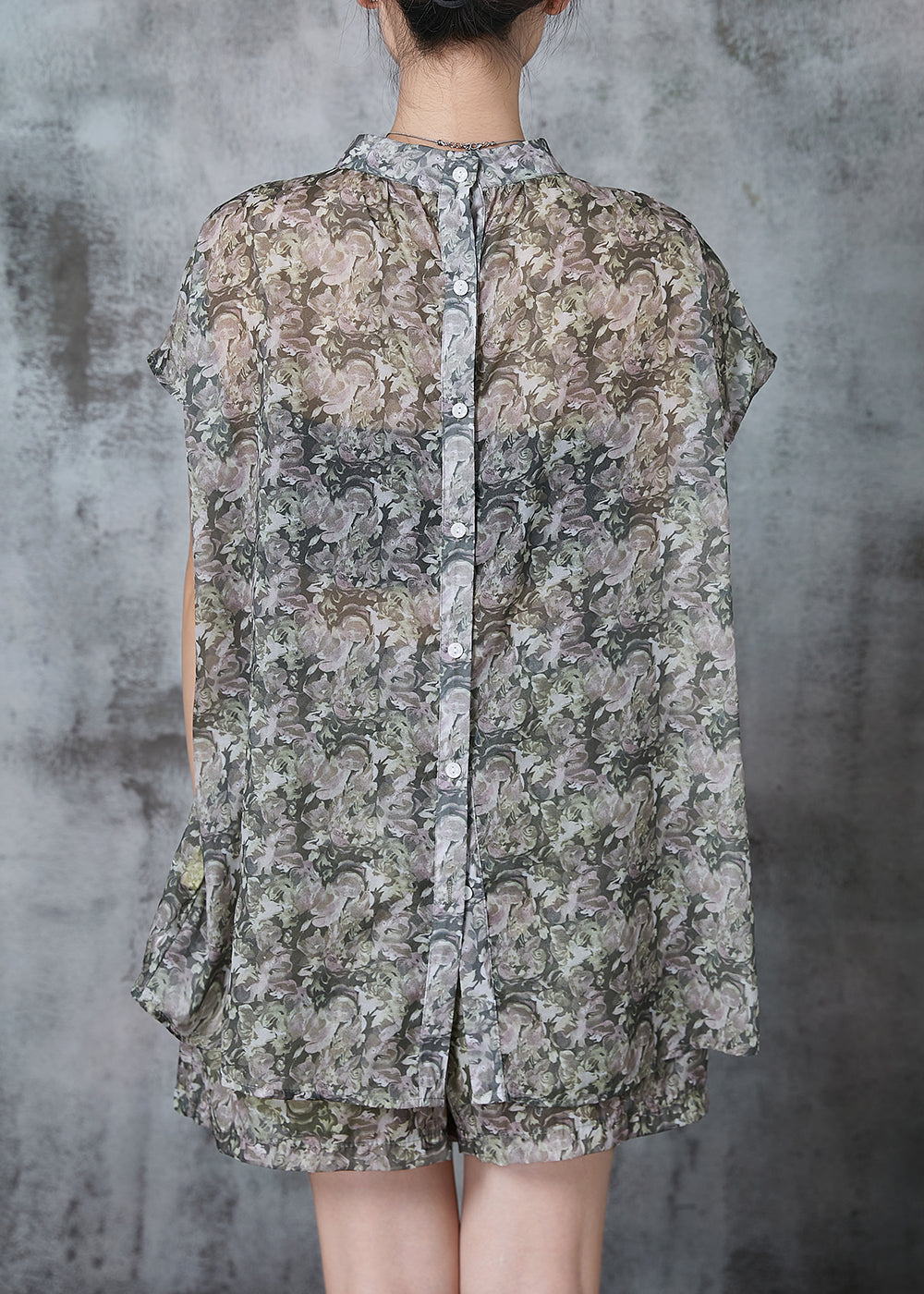 Stand Collar Print Chiffon Sets 2 Pieces Summer