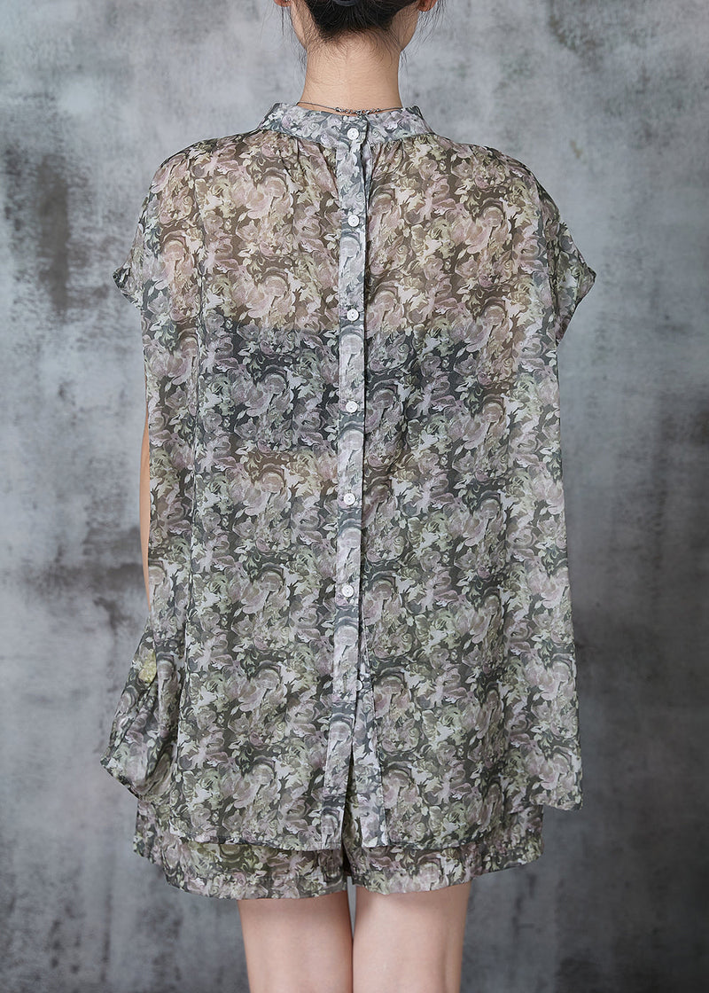 Stand Collar Print Chiffon Sets 2 Pieces Summer