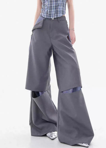 Grey Zippered Patchwork False Two Pieces Cotton Fall Pants Hole