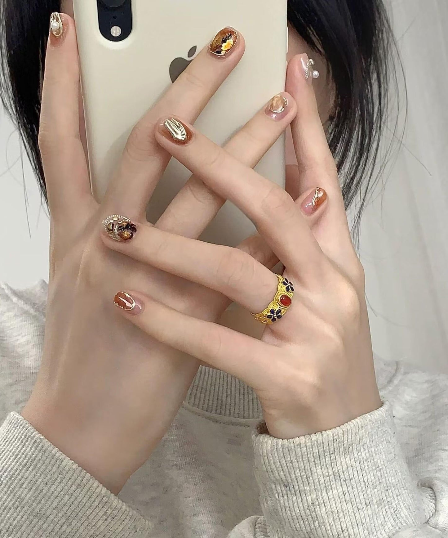 Retro Copper Overgild Enamel Agate Ring