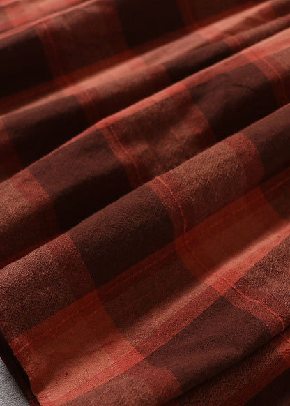 Fine Chocolate Plaid Wrinkled Pockets Cotton Skirt Spring
