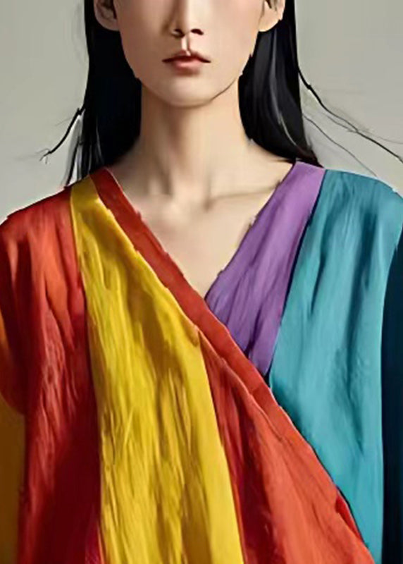 Colorblock V Neck Patchwork Linen Tank Summer